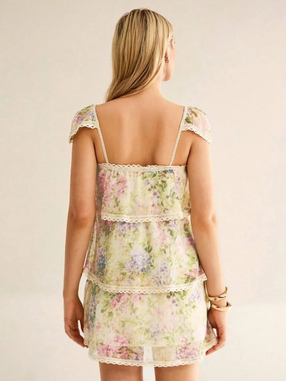 Multicolor Boho Women's Floral Print Lace Patchwork Lace Trim Ruffle Mini Dress - Picture 2 of 7